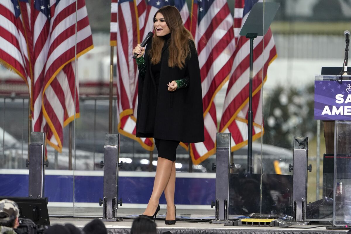 FILE - Kimberly Guilfoyle speaks, Jan. 6, 2021, in Washington, at a rally in support of President Donald Trump called the "Save America Rally." Guilfoyle, the fiancée of former President Donald Trump's eldest son, met with the House committee investigating the U.S. Capitol insurrection Monday, April 18, 2022. (AP Photo/Jacquelyn Martin, File)