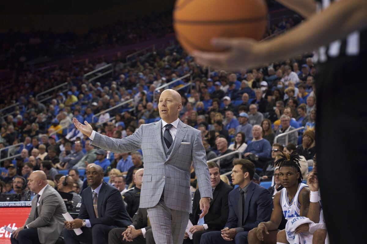 UCLA coach Mick Cronin gestures during the Bruins' 78-43 win over California at Pauley Pavilion.