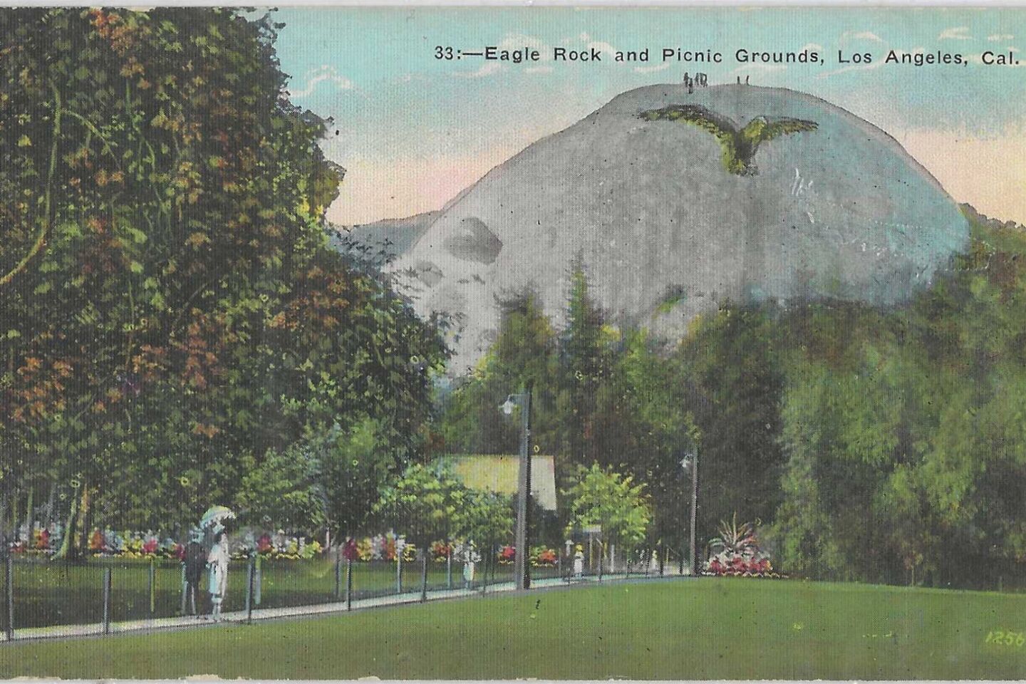 A vintage postcard depicts "Eagle Rock and Picnic Grounds, Los Angeles, Cal."