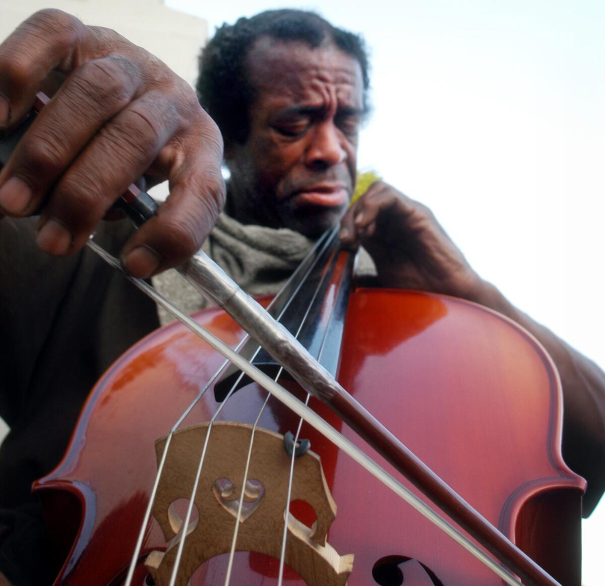 Nathaniel Ayers plays a cello in L.A. in July of 2005.