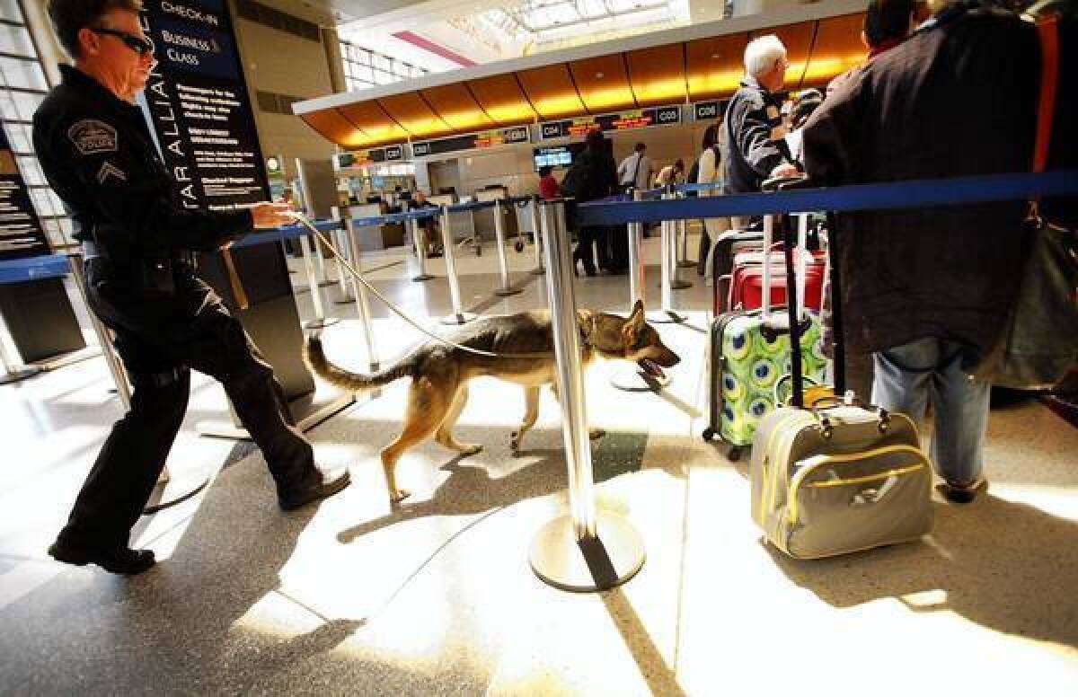 Los Angeles Airport Police Officer Daniel Keehne with explosives detection dog Axa monitors baggage and passengers Tuesday at the Tom Bradley International Terminal at LAX.