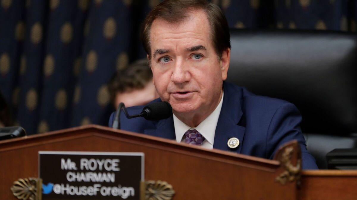 Departing House Foreign Affairs Committee Chairman Ed Royce (R-Fullerton). Despite Democratic enthusiasm in Royce's district, California's "jungle primary" could hurt chances of a blue takeover.