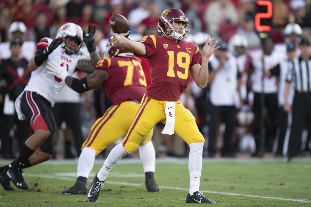 USC quarterback Matt Fink passes against Utah on Sept. 20, 2019.