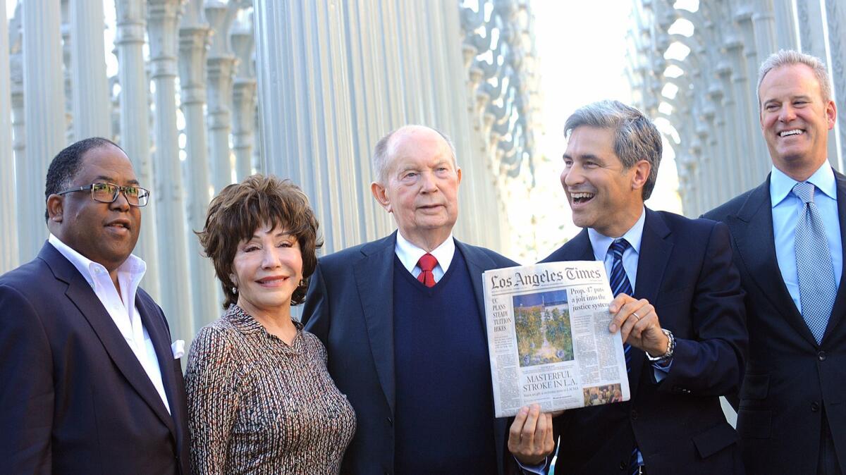 Mark Ridley-Thomas, left, Lynda Resnick, Jerry Perenchio, Michael Govan and Andrew Gordon after a 2014 event at LACMA to announce Perenchio's bequest to the museum.