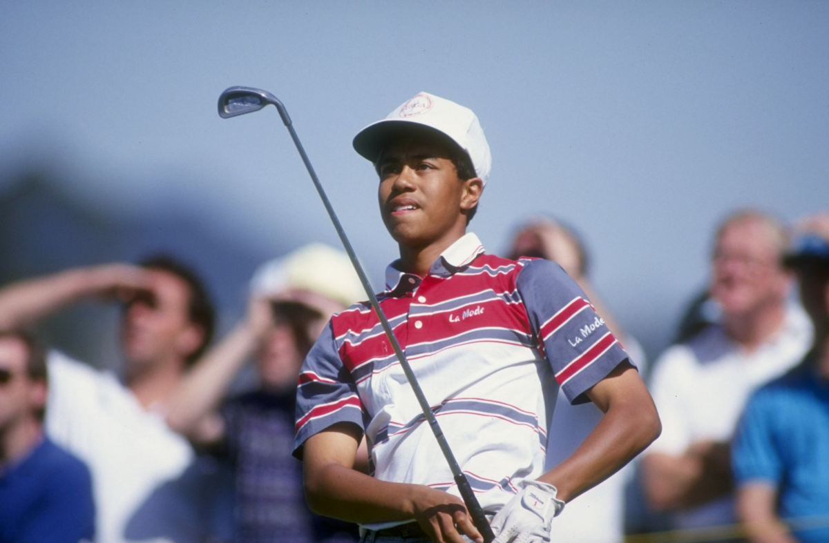 Tiger Woods watches his shot during the 1992 Los Angeles Open at the Riviera Country Club.