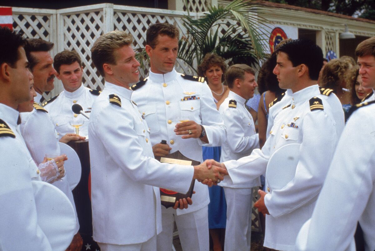 A scene from "Top Gun" with Val Kilmer, Rick Rossovich and Tom Cruise.