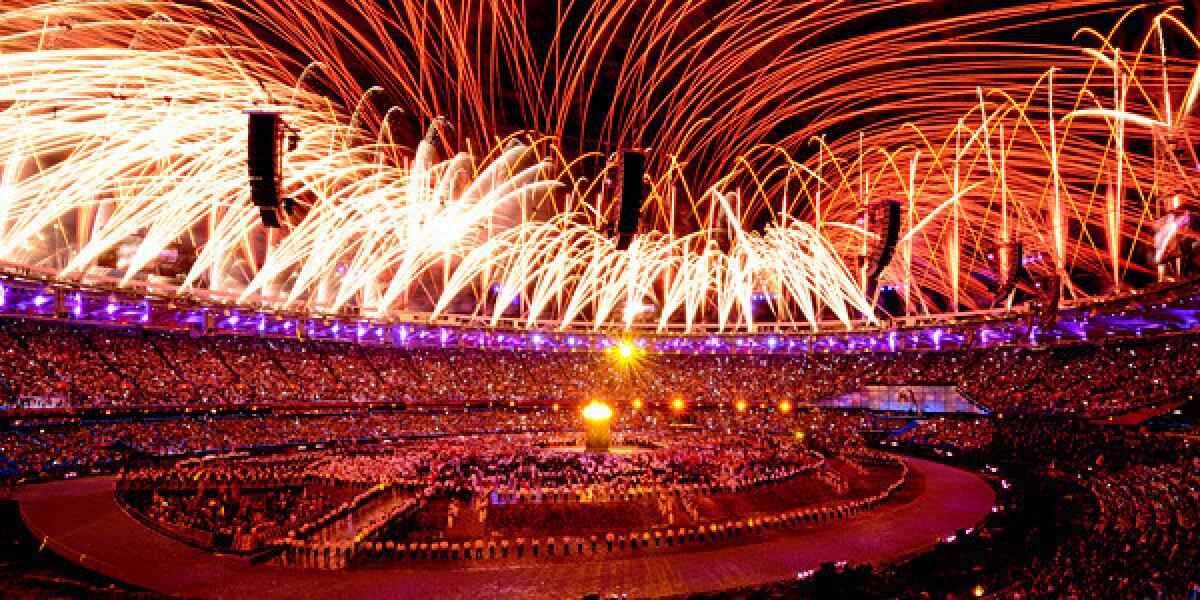 Fireworks cover the Olympic Stadium during Opening Ceremonies.