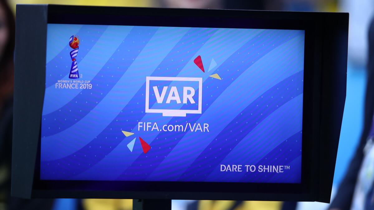 A VAR (video assistant referee) screen is seen prior to the Women's World Cup match between Sweden and the U.S. on June 20 in Le Havre, France.