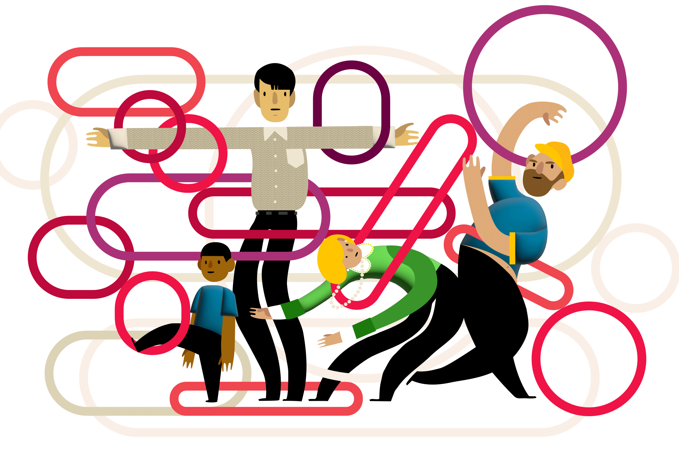 Illustration of characters from "Power of the Dog," "Spencer," "Ted Lasso" and "The Hudsucker Proxy" doing hula hoops.