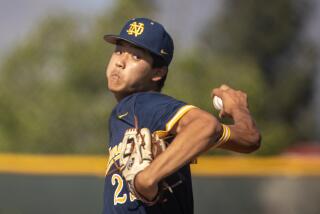 Corona, CA - May 12: Notre Dame (SO) pitcher Justin Lee delivers a pitch against Corona during the Southern Section Division 1 quarterfinal game at Corona High School in Corona Friday, May 12, 2023. (Allen J. Schaben / Los Angeles Times)