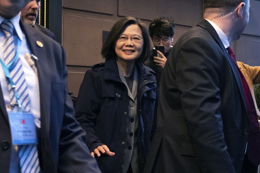 Taiwan's President Tsai Ing-wen leaves a hotel in New York, Wednesday, March 29, 2023. (AP Photo/Yuki Iwamura)