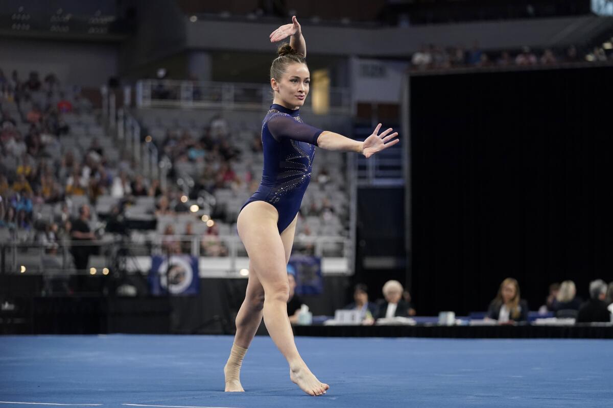 UCLA's Norah Flatley competes in floor exercise at the NCAA gymnastics championships Thursday.