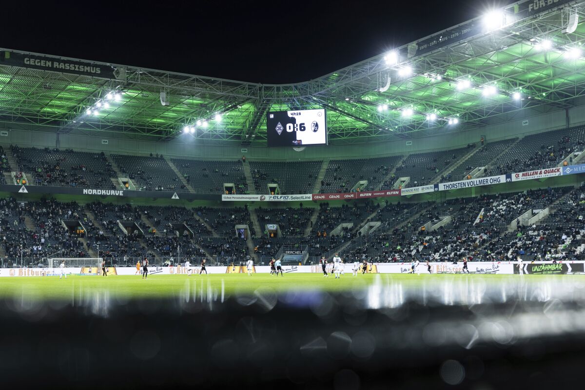 A view of the scoreboard, during the German Bundesliga soccer match between Borussia Moenchengladbach and SC Freiburg, at the Borussia Park stadium in Moenchengladbach, Germany, Sunday, Dec. 5, 2021. Freiburg has produced a devastating first-half performance to rout Borussia Mönchengladbach 6-0 away for its biggest ever win in the Bundesliga. (Marcel Kusch/dpa via AP)