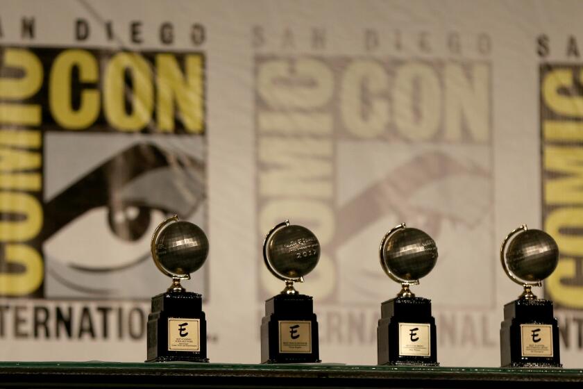 SAN DIEGO, CALIF. -- FRIDAY, JULY 21, 2017: The Will Eisner awards are lined up at The 29th Annual Will Eisner Comic Industry Awards at the Hilton San Diego Bayfront Hotel during Comic-Con International 2017 in San Diego, Calif., on July 21, 2017. (Allen J. Schaben / Los Angeles Times)