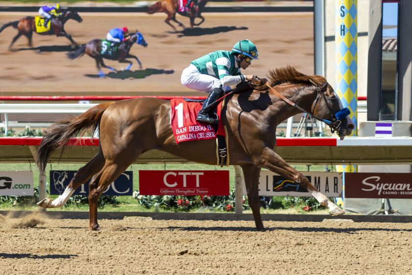 In this image provided by Benoit Photo, Catalina Cruiser (1), with Joel Rosario aboard, wins the Grade II, $200,000 San Diego Handicap horse race Saturday, July 20, 2019, at Del Mar Thoroughbred Club in Del Mar, Calif. (Benoit Photo via AP)