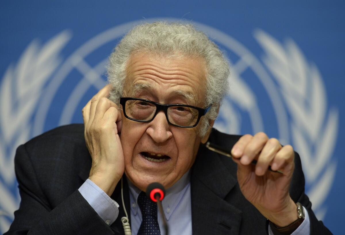 Lakhdar Brahimi, United Nations and Arab League envoy for Syria, speaks during a news conference on the Syrian peace talks in Geneva.
