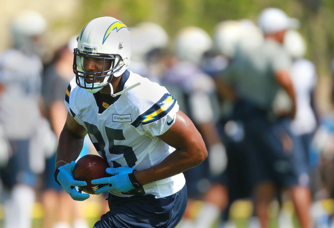 Chargers tight end Antonio Gates returns a pass on the field at Chargers Park on the first day of camp.