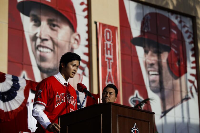 Shohei Ohtani, of Japan, speaks at a news conference at Angel Stadium, Saturday, Dec. 9, 2017.