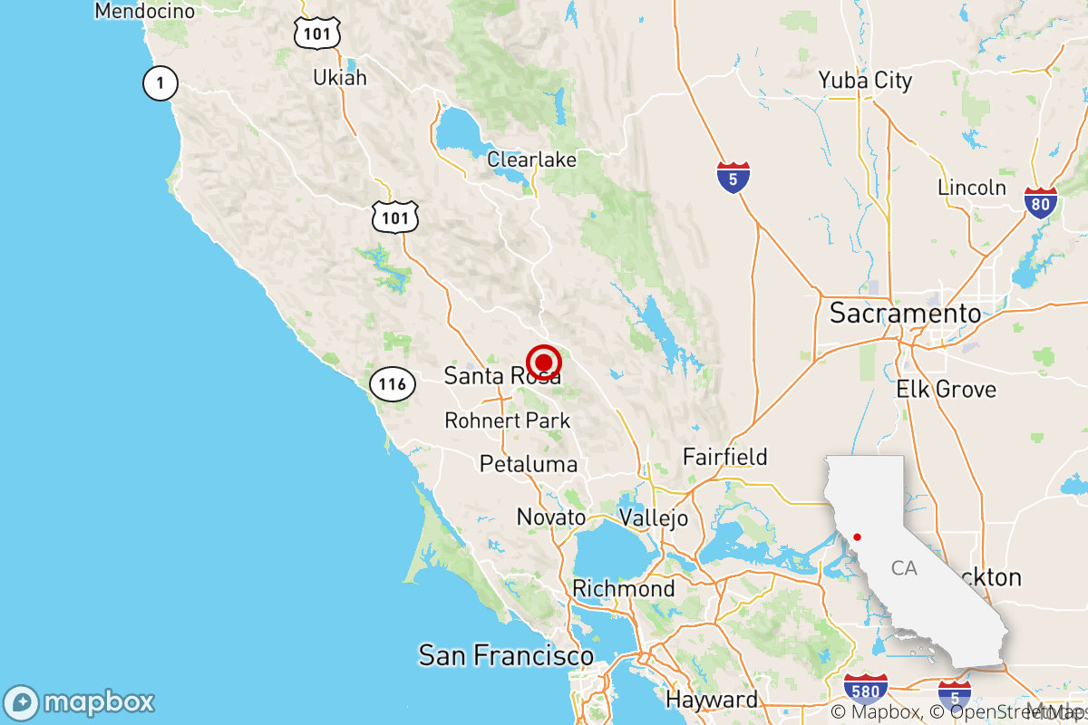 A map showing the epicenter of an earthquake Saturday morning three miles from Santa Rosa, Calif.