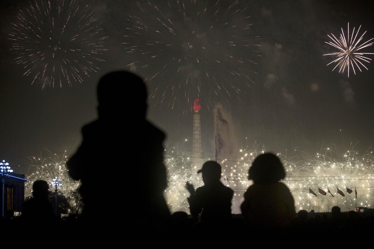 Fireworks are set off in Pyongyang, North Korea, to celebrate the birthday of the late Kim Il Sung, the country's founding leader.