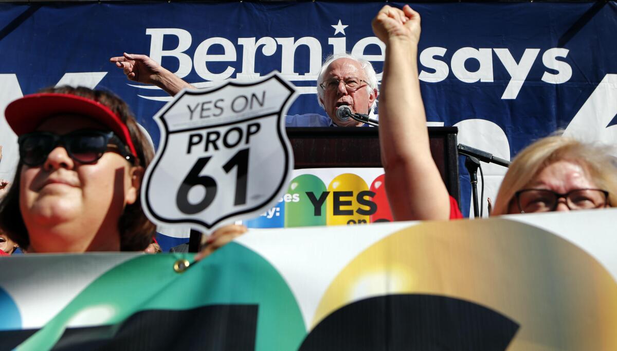 Sen. Bernie Sanders urges a crowd in Los Angeles to support Proposition 61, a ballot measure on prescription drug pricing.