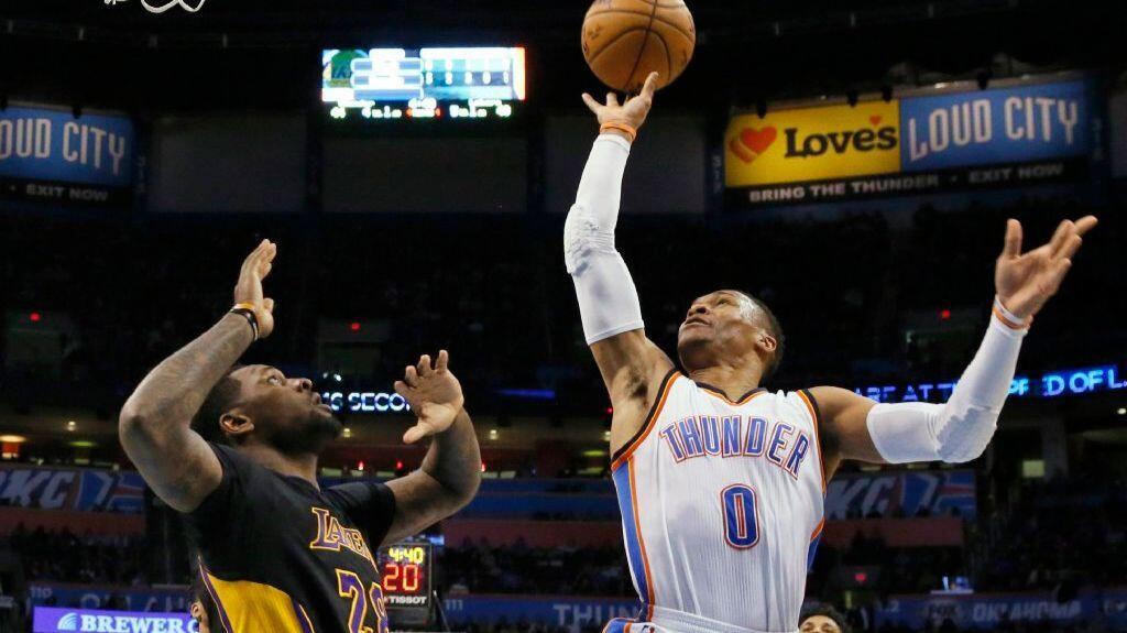 Thunder guard Russell Westbrook shoots in front of Lakers center Tarik Black during the second quarter of a game on Feb. 24 in Oklahoma City.