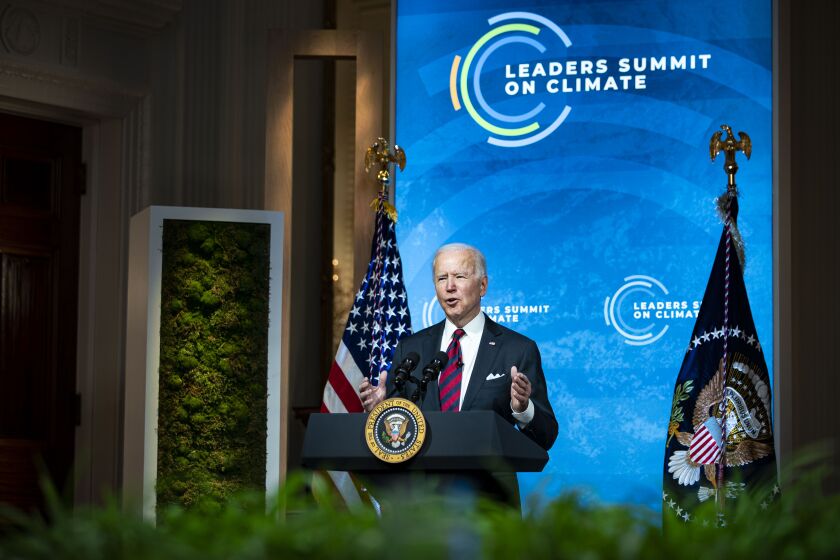 President Joe Biden speaks during a virtual Leaders Summit on Climate, at the White House in Washington on Thursday, April 22, 2021. President Biden on Thursday declared America "has resolved to take action" on climate change and called on world leaders to significantly accelerate their own plans to reduce greenhouse gas emissions or risk a disastrous collective failure to stop catastrophic climate change. (Al Drago/The New York Times)