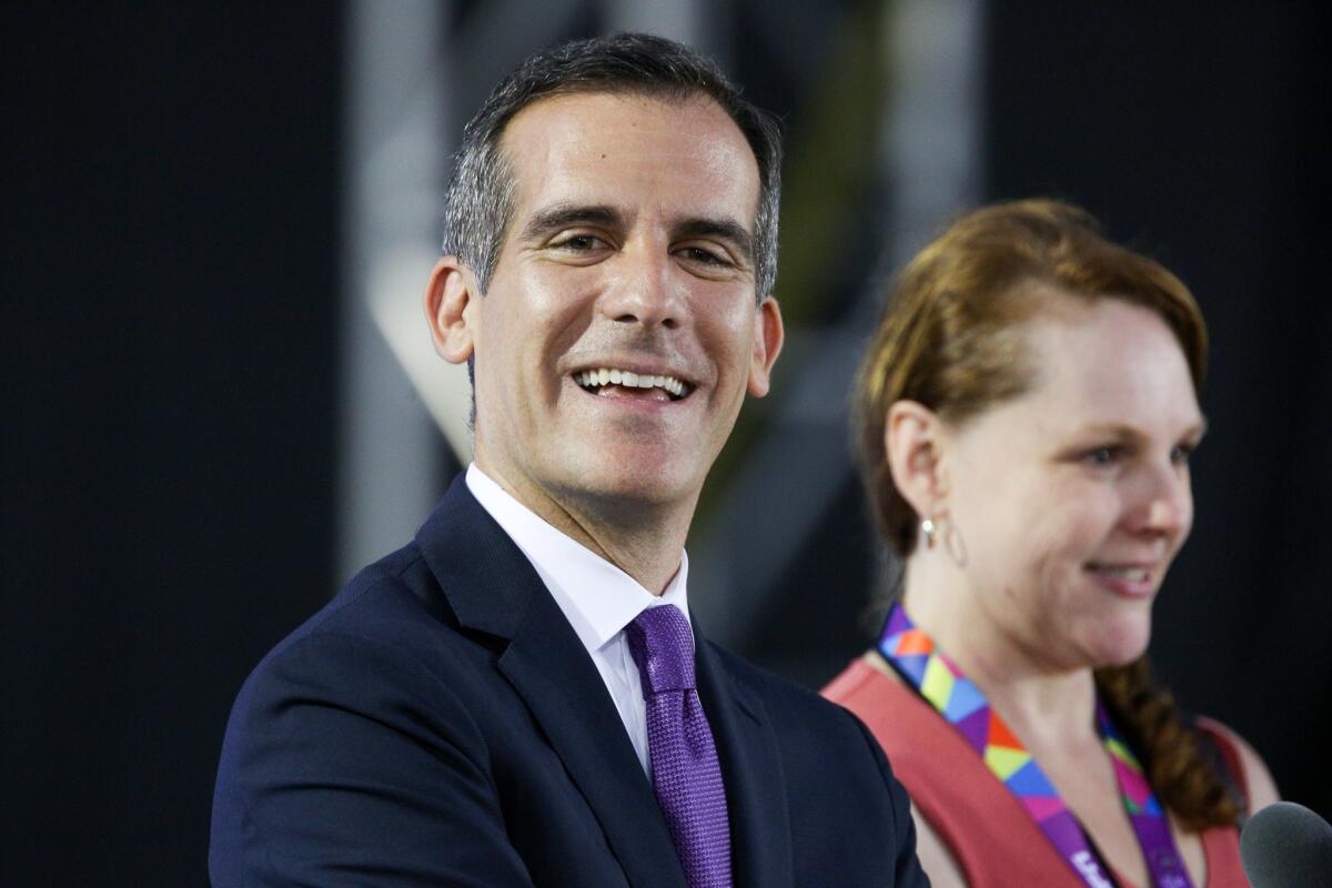 Los Angeles Mayor Eric Garcetti speaks at the opening ceremony of the 2015 Special Olympics World Games at the Coliseum.
