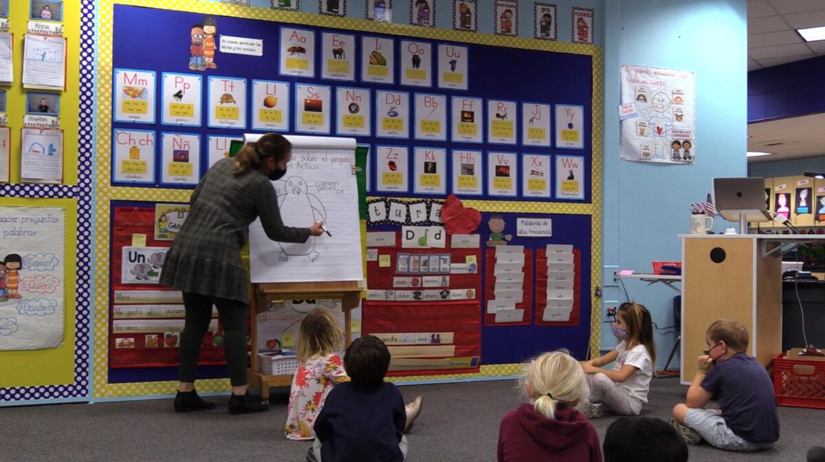 Kindergarten students in Del Mar Union School District's Spanish immersion program.