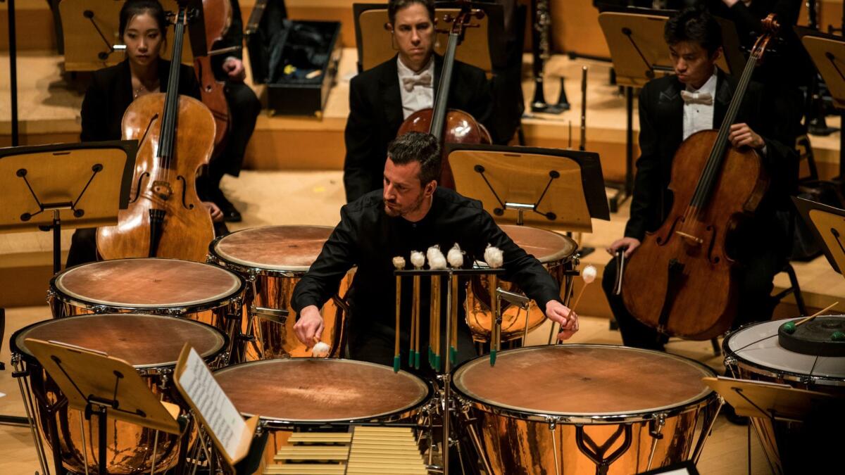 Timpanist Joseph Pereira performs the premiere of his concerto "Threshold" with the Los Angeles Philharmonic on Thursday at Walt Disney Concert Hall.