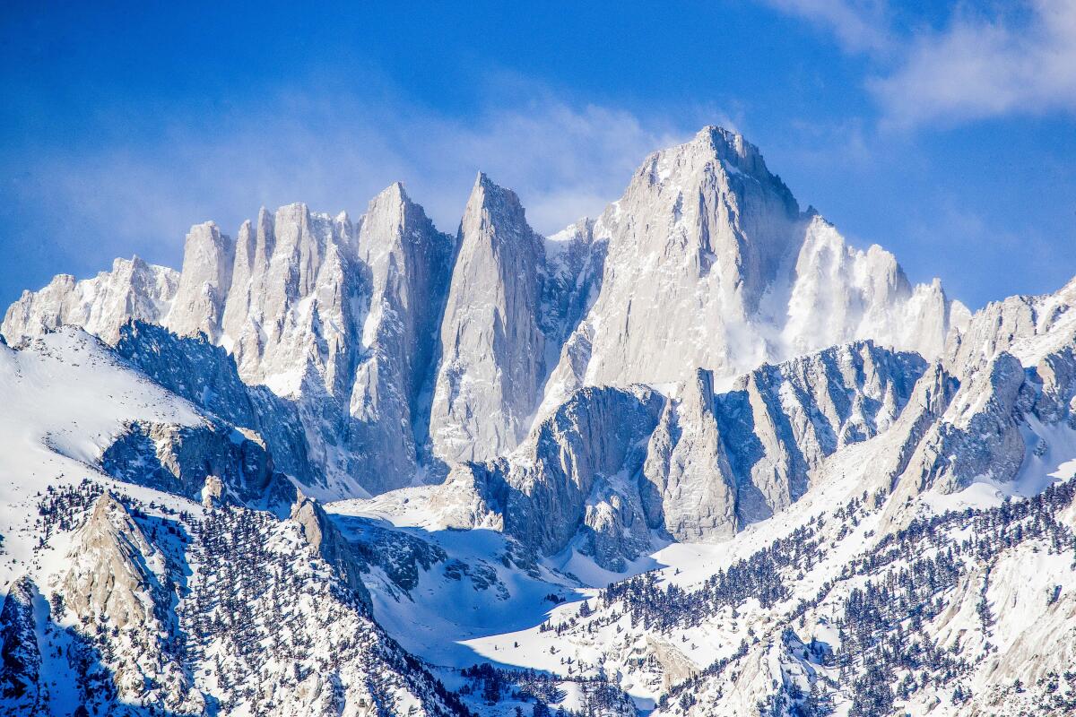Snow blankets Mt. Whitney after snow storms blanketed the Eastern Sierra Nevada Mountains in Feb. 2019.