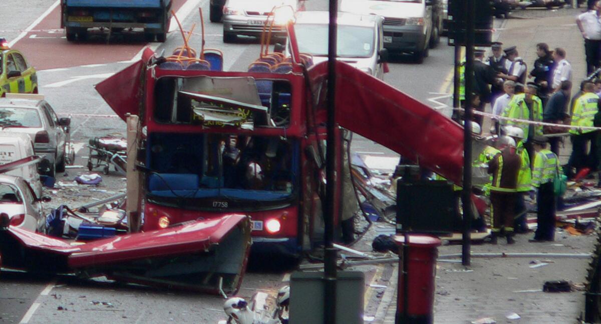 Several bombings rocked London's public transportation systems, damaging buses and subways, killing dozens amd injuring hundreds on July 7, 2005.