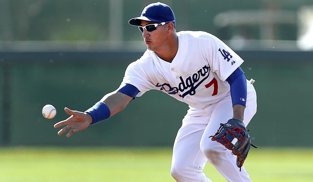 Dodgers infielder Alex Guerrero takes part in a workout during spring training in Arizona.