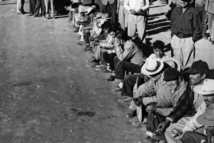 Jan. 25, 1954: Mexican nationals processed and waiting for work at Calexico during Bracero program.