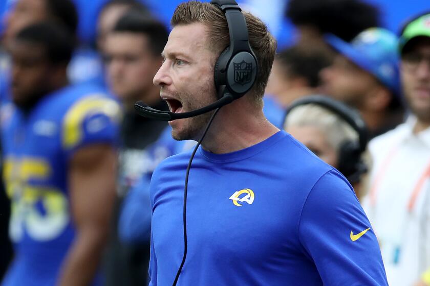 INGLEWOOD, CALIF. - OCT. 16, 2022. Rams head coach Sean MacVa.