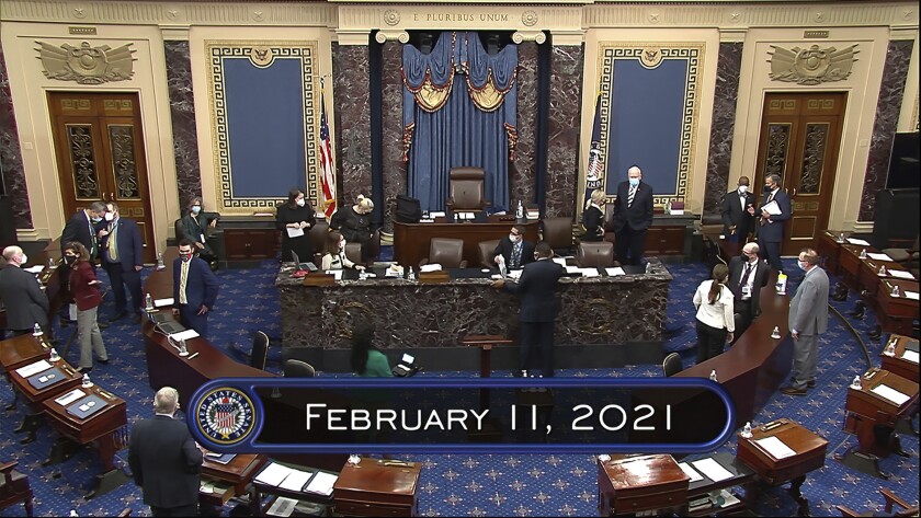 A televised image of Thursday's impeachment trial on the Senate floor.
