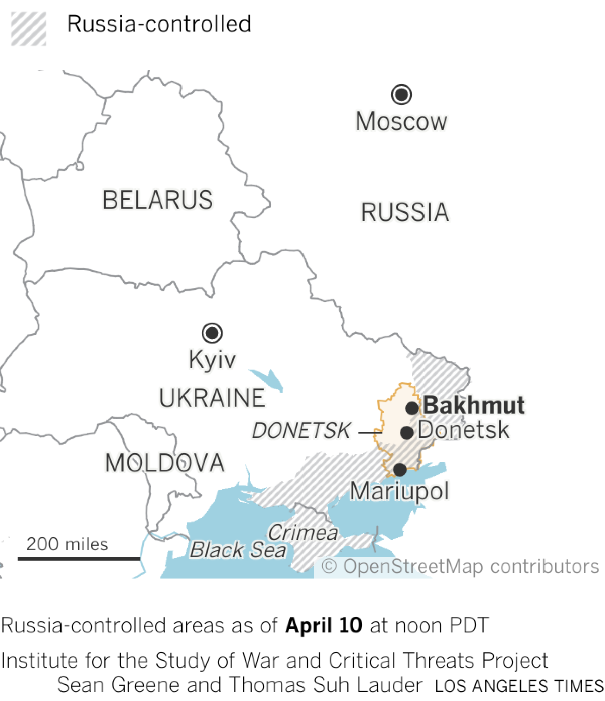 Map showing the location of Bakhmut, in Ukraine's Donetsk region.