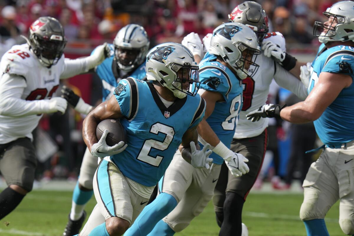 Carolina Panthers wide receiver DJ Moore runs against the Tampa Bay Buccaneers.