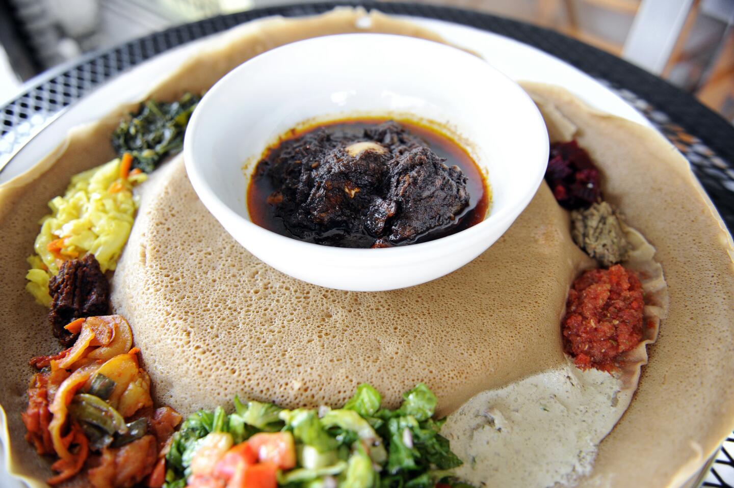 Many of the Ethiopian dishes at Meals by Genet have been turned vegetarian or vegan. Here, tibs, typically a meat stew, is made with tofu.