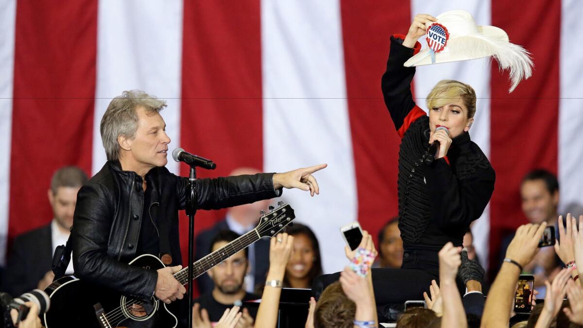 Jon Bon Jovi and Lady Gaga rally for Clinton in Raleigh, N.C., on Nov. 7.