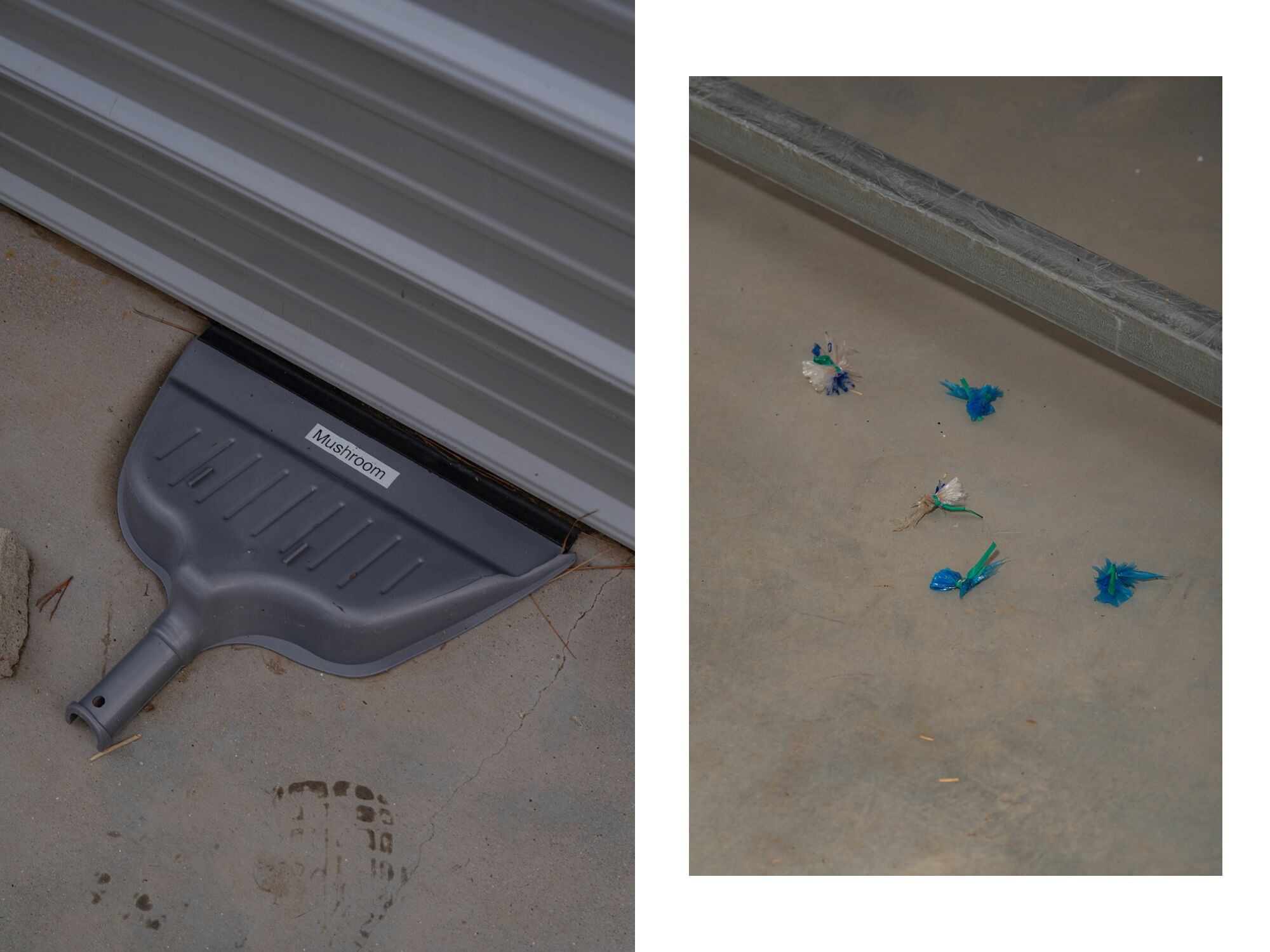 A gray dust pan and scraps of blue plastic on the floor.