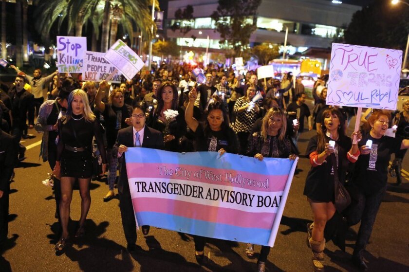 Hundreds participate in a Transgender Day of Remembrance protest on Nov. 20, 2015, in West Hollywood. 