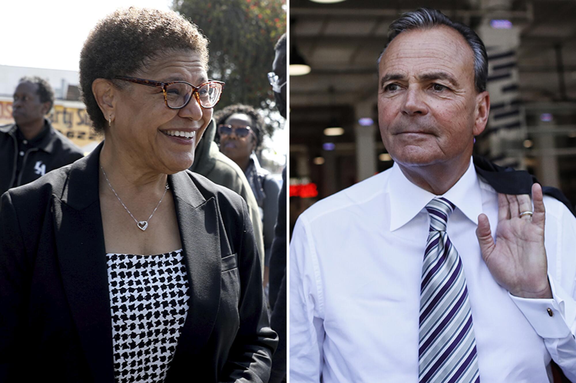 L.A. mayoral candidates Karen Bass, left, and Rick Caruso, right.