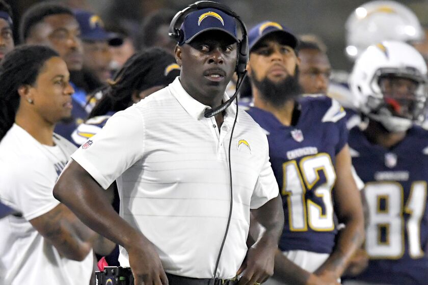 FILE - In this Sunday, Aug. 13, 2017, file photo, Los Angeles Chargers coach Anthony Lynn watches from the sideline during the second half of the team's NFL preseason football game against the Seattle Seahawks in Carson, Calif. He is one of five first-time NFL head coaches who were hired for the six openings this past offseason. (AP Photo/Mark J. Terrill, File)