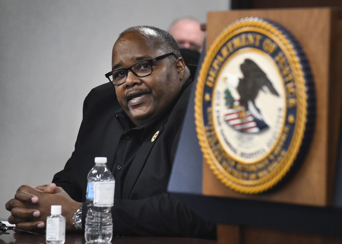 UAW International President Rory Gamble speaks during a press conference with United States Attorney Matthew Schneider announcing a civil settlement with the United Auto Workers, UAW, in Detroit, Mich.,  Monday, Dec. 14, 2020. (Daniel Mears/Detroit News via AP)