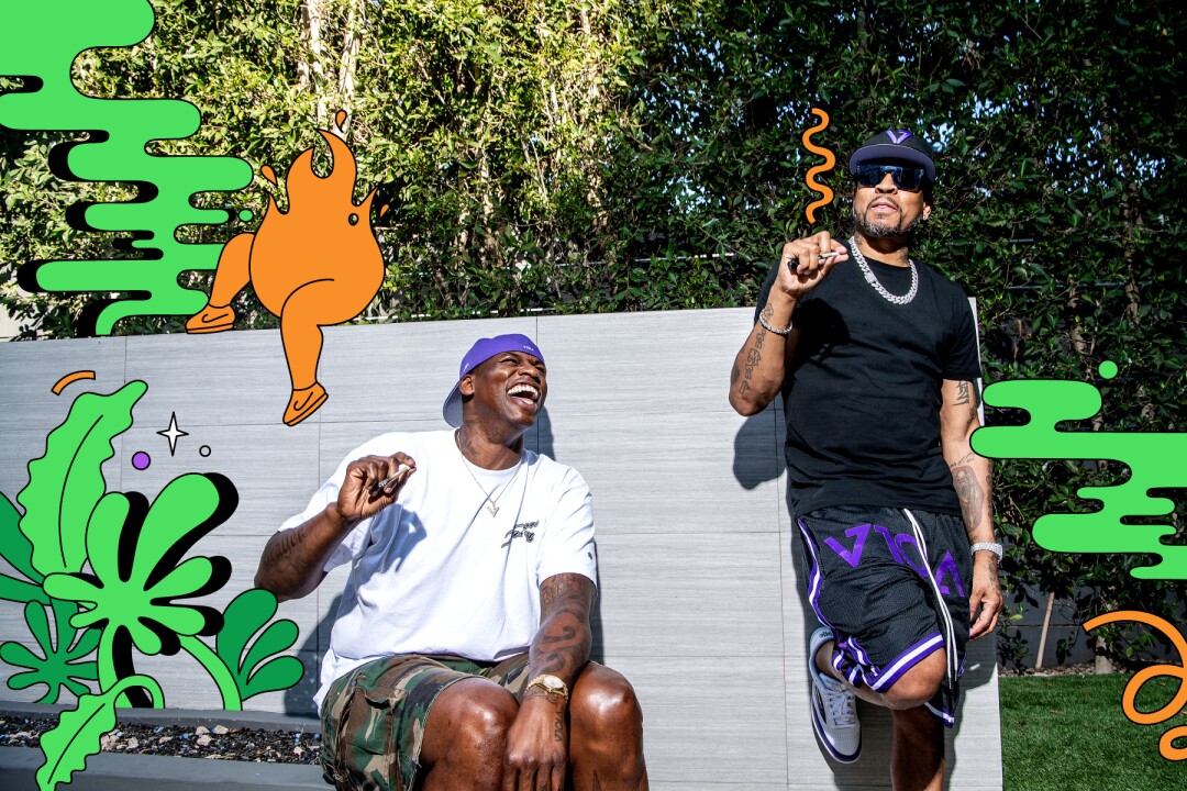 Al Harrington lets out a big laugh with Allen Iverson, with illustrations around them