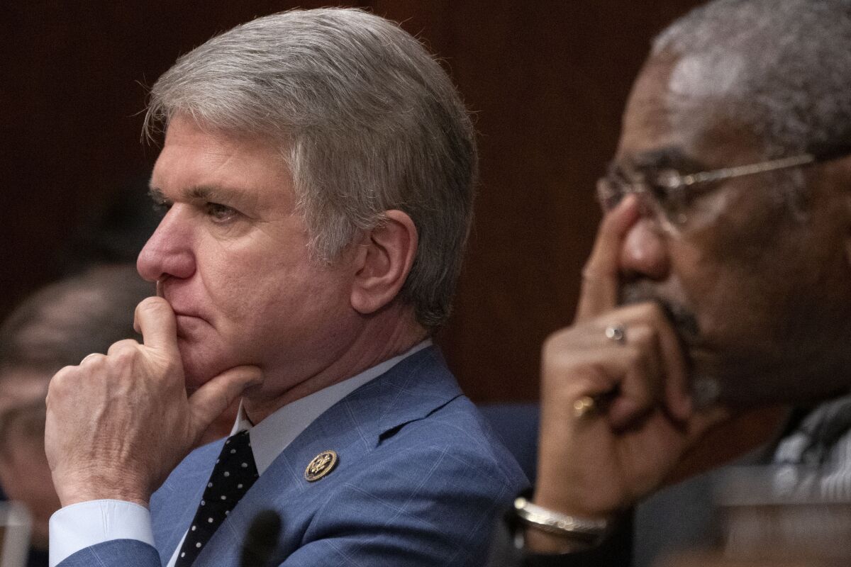 Chair of the House Foreign Affairs Committee Rep. Michael McCaul, R-Texas, left, and Ranking Member Rep. Gregory Meeks, D-N.Y., attend a full committee hearing about China, Tuesday, Feb. 28, 2023, on Capitol Hill in Washington. (AP Photo/Jacquelyn Martin)