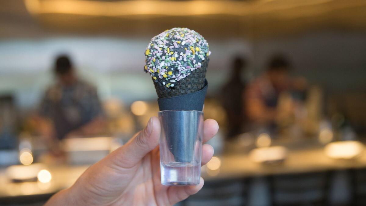 Charcoal ice cream with rainbow sprinkles at Scratch Bar & Kitchen in Encino, Calif.