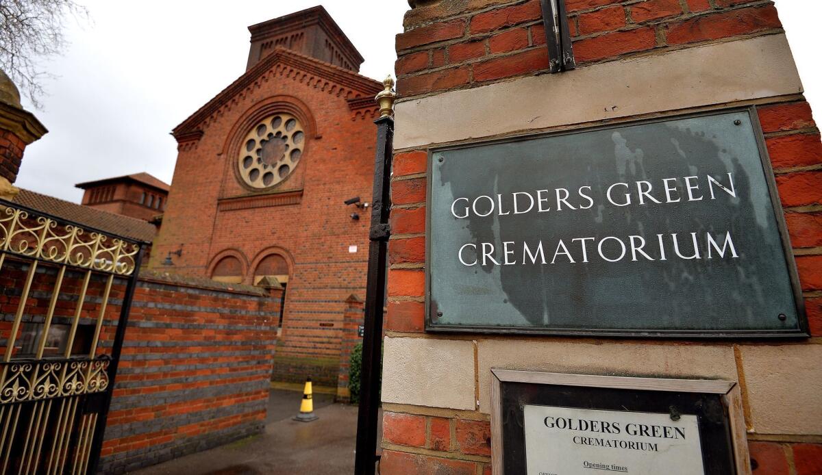 The entrance to Golders Green Crematorium in North London, where burglars attempted to steal a 2,300-year-old urn containing the ashes of famed psychoanalyst Sigmund Freud and his wife and badly damaged the priceless vase in the New Year's Day break-in.