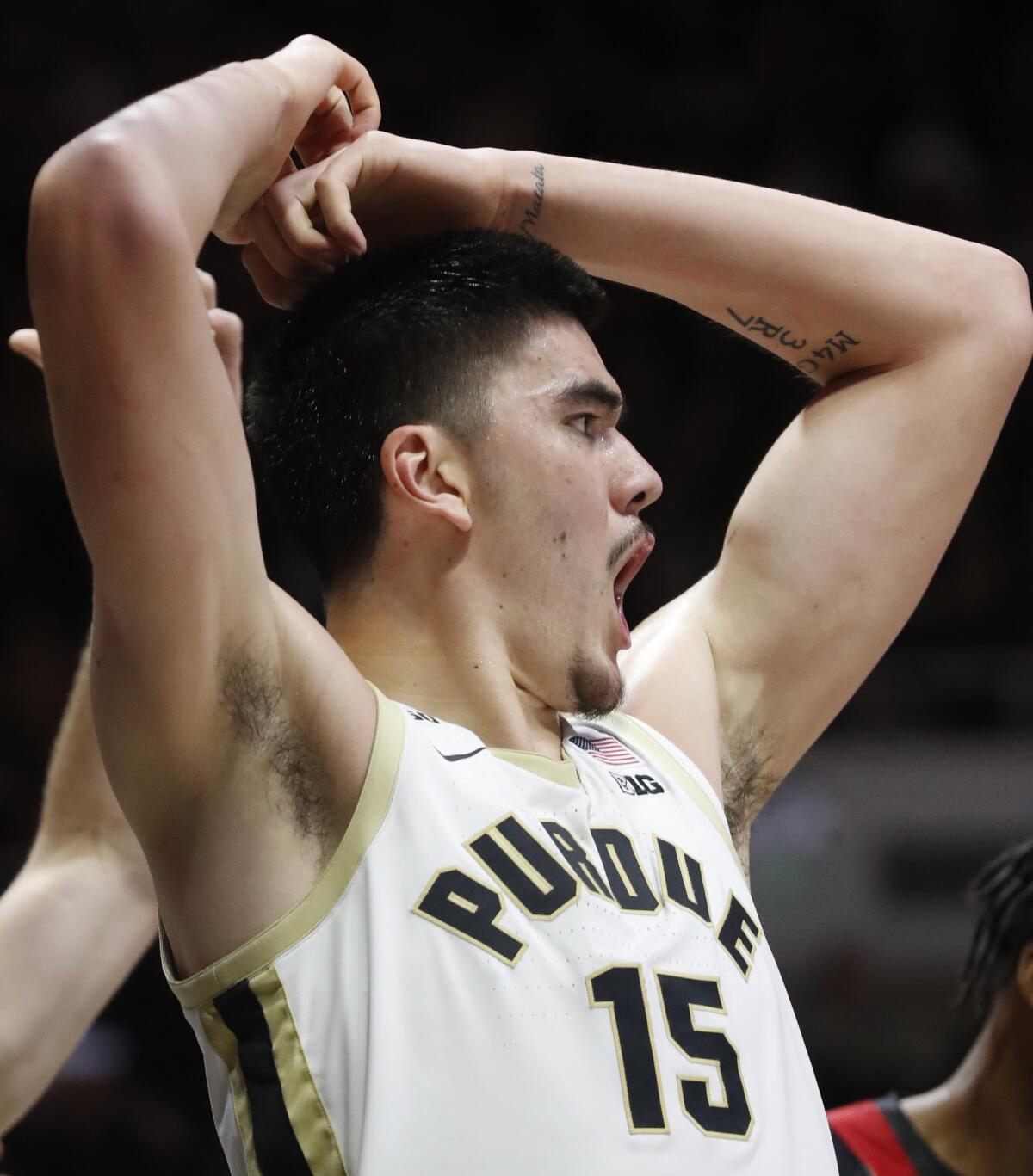 Purdue center Zach Edey (15) reacts to a foul call during the team's NCAA college basketball game against Austin Peay on Friday, Nov. 11, 2022, in West Lafayette, Ind. (Alex Martin/Journal & Courier via AP)